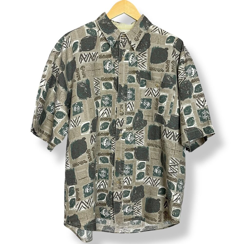Vintage Bugle Boy Company Button-Up‎ Shirt Men Abstract Brown Casual Funky Print